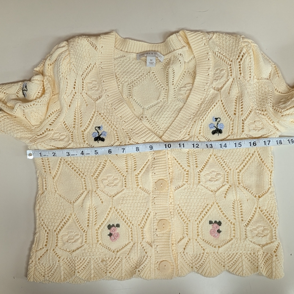 CHELSEA & VIOLET Pointelle Knit Floral Embroidered Button Front Cardigan Sweater - Picture 10 of 12